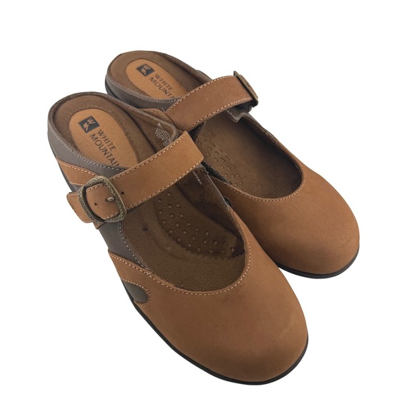 White Mountain Shoes - White Mountain Mary Jane Mules Women Size 6M Brown Leather Clogs 2.5" Wedge
